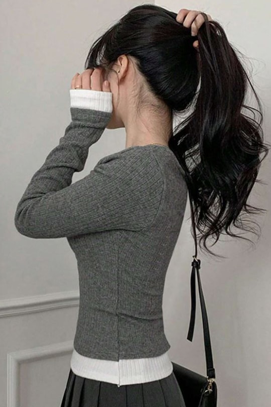 Füme Dantelli Fiyonklu Ekli Y2K Uzun Kollu Crop 
