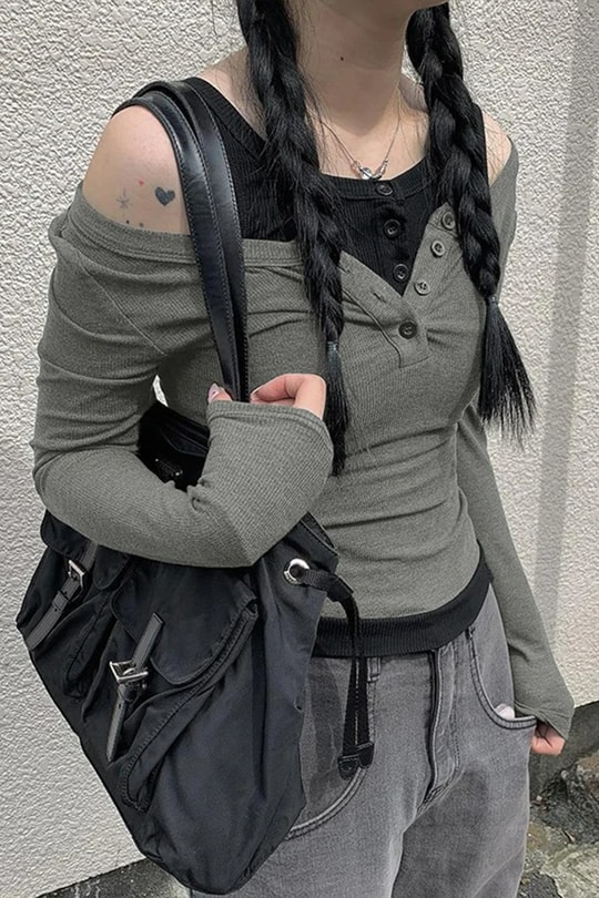 Füme Düğmeli Siyah Ek Parçalı Street Style Y2K Uzun Kollu Crop