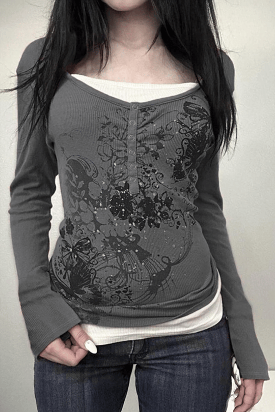 Füme Gotik Flower Ekli Düğmeli Grunge Y2K Uzun Kollu Crop