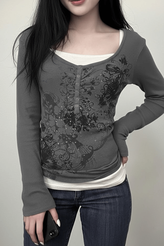 Füme Gotik Flower Ekli Düğmeli Grunge Y2K Uzun Kollu Crop
