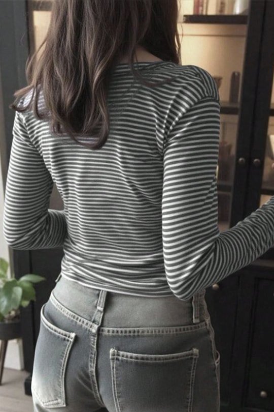 Füme Siyah Çizgili Düğmeli  Street Y2K Uzun Kollu Crop