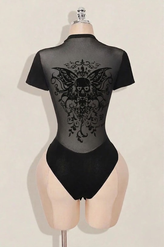 Siyah Gotik Skull Butterfly Wings Transparan Kısa Kollu Çıtçıtlı Body
