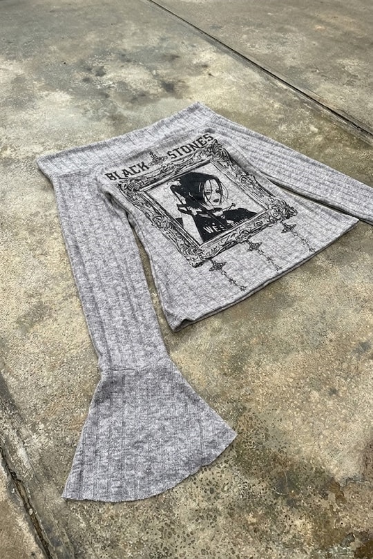 Gri Black Stones Nana Goth Girl Manga İspanyol Kol Y2K Uzun Kollu Crop
