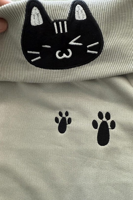 Gri Kawai Cat Harajuku Y2K Uzun Kollu Off Shoulder