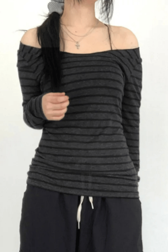 Gri Madonna Yaka Siyah Gotik Y2K Şeritli Uzun Kollu Crop