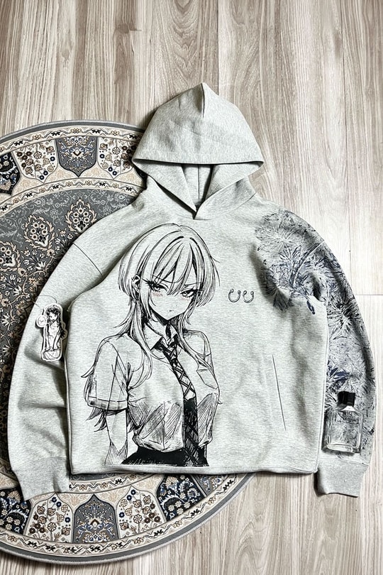 Gri Melanj Anime Gİrl Manga Gotik Y2K Unisex Kapüşonlu Sweatshirt