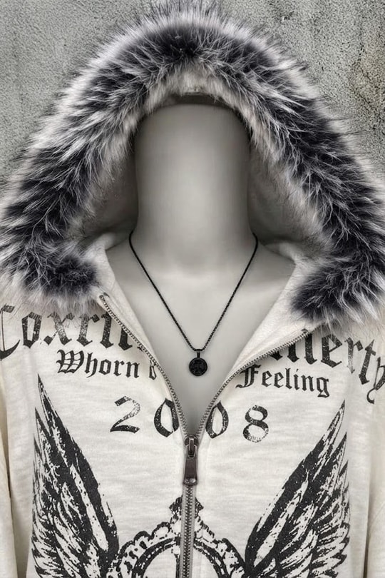 Gri Melanj Crown Wings Gotik Kürklü Kapüşonlu Y2K Crop Hırka