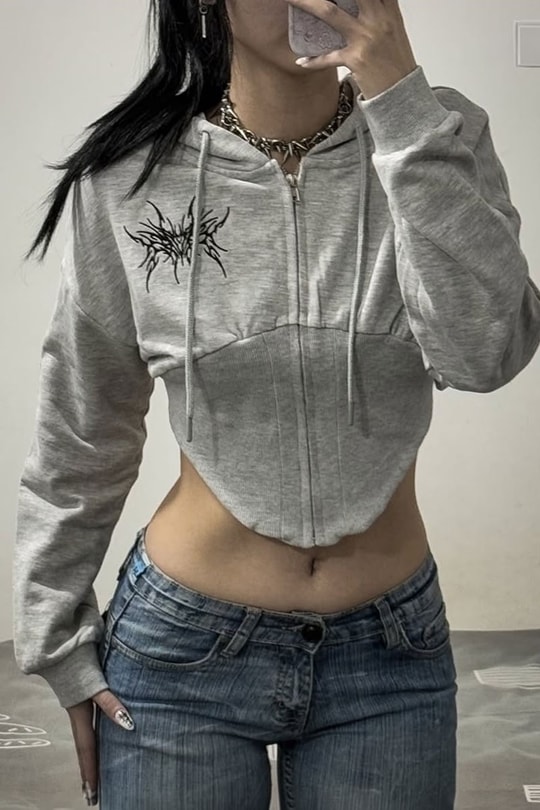 Gri Melanj Korseli Tribal Oval Kesim Y2K Uzun Kollu Crop Hırka