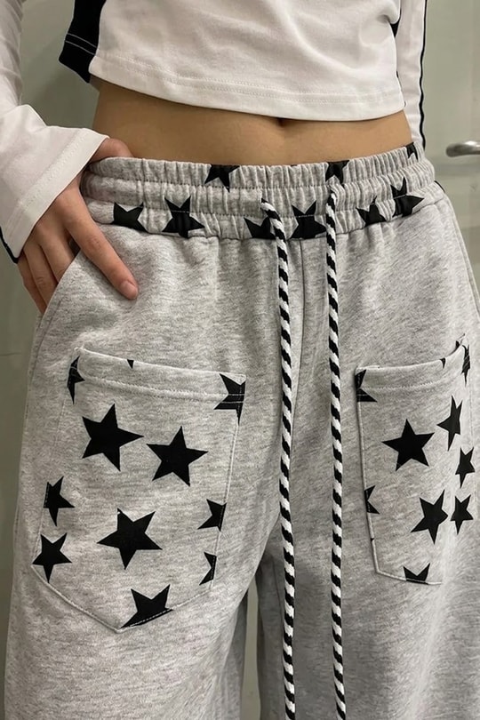 Gri Melanj Stars Ters Cepli Y2K Üç İplik Baggy Eşofman