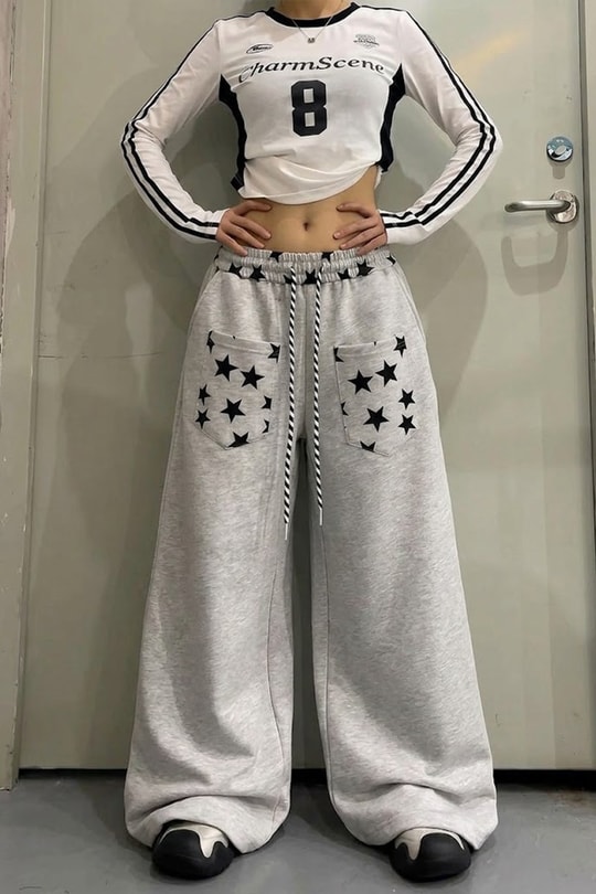 Gri Melanj Stars Ters Cepli Y2K Üç İplik Baggy Eşofman