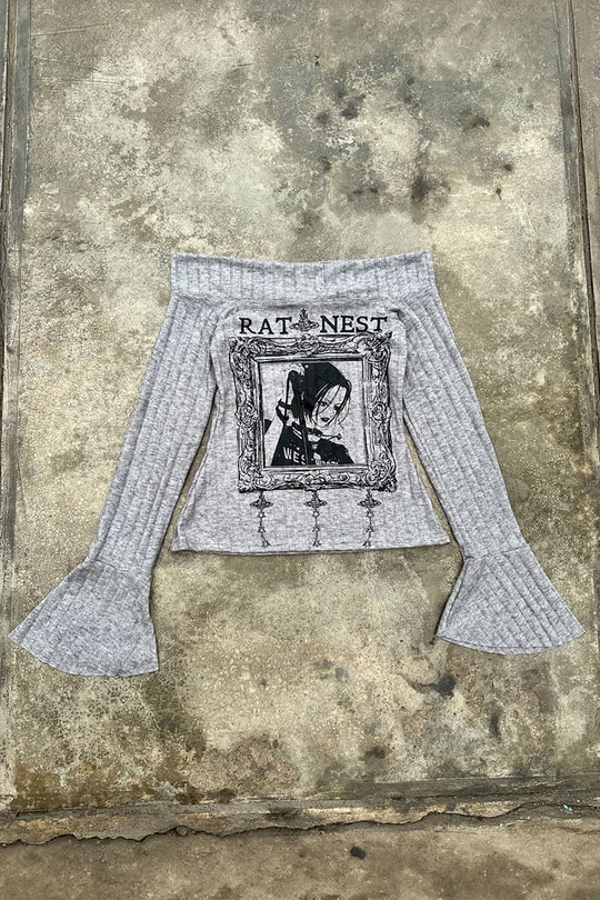 Gri Rat Nest Goth Girl Manga İspanyol Kol Y2K Uzun Kollu Crop