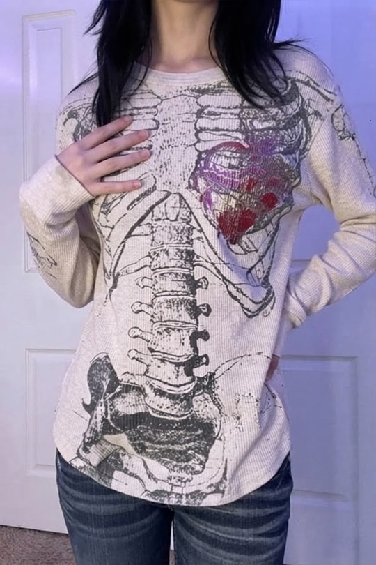 Gri Skeleton Anatomik Red Hearth Gotik Y2K Unisex Sweatshirt