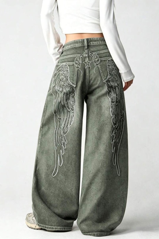 Haki Yıkamalı Melek Kanatlı Harajuku Y2K Unisex Baggy Pantolon