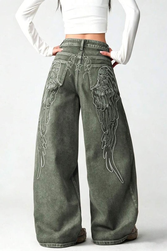 Haki Yıkamalı Melek Kanatlı Harajuku Y2K Unisex Baggy Pantolon