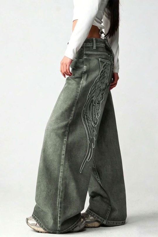 Haki Yıkamalı Melek Kanatlı Harajuku Y2K Unisex Baggy Pantolon