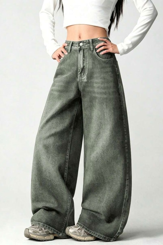 Haki Yıkamalı Melek Kanatlı Harajuku Y2K Unisex Baggy Pantolon
