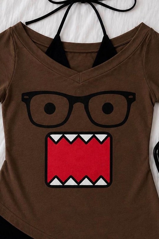 Kahverengi Domo Kun Ek Askılı Y2K Kısa Kollu Crop