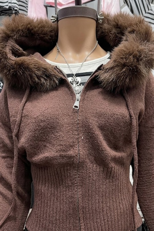 Kahverengi Kürklü Korse Detaylı Y2K Crop Hırka