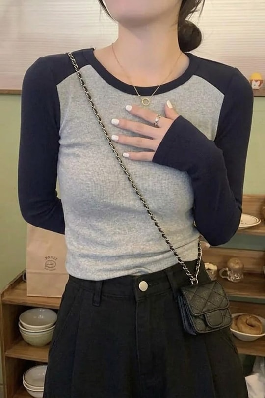 Lacivert Raglan Kollu Gri Melanj Basic Y2K Uzun Kollu Crop 