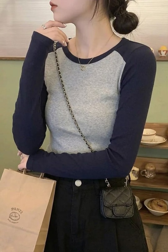 Lacivert Raglan Kollu Gri Melanj Basic Y2K Uzun Kollu Crop 