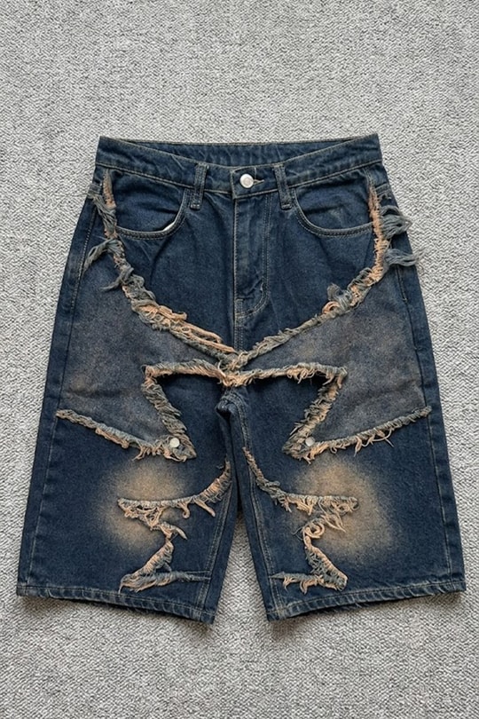 Lacivert Taşlamalı Star Vintage Y2K Unisex Baggy Şort