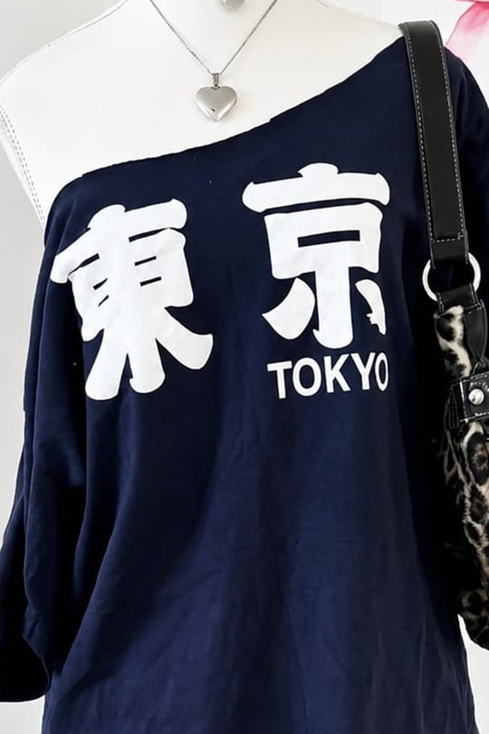 Lacivert Tokyo Y2K Kısa Kollu Off Shoulder