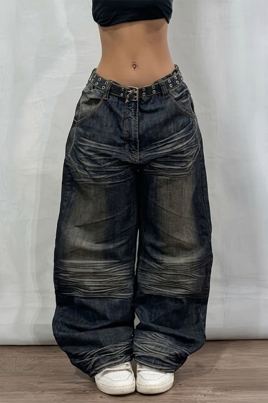Lacivert Vintage Eskitme Baskılı Streetwear Unisex Baggy Pantolon