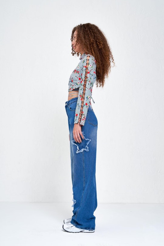 Mavi Yıldız Yamalı Vintage Kot Baggy Pantolon