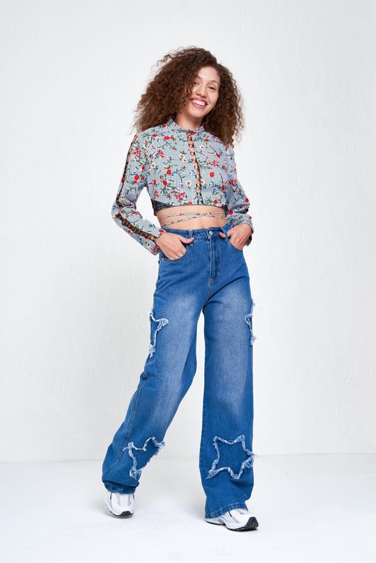Mavi Yıldız Yamalı Vintage Kot Baggy Pantolon