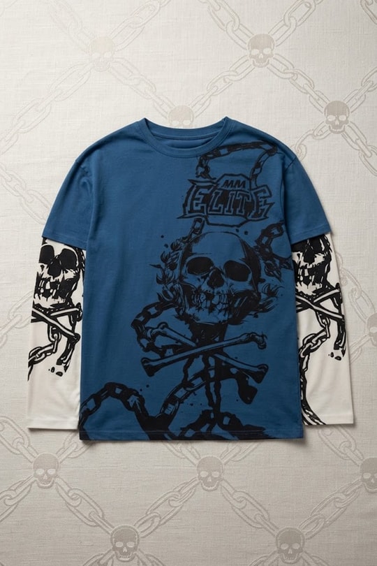 Mavi Gotik Skull Beyaz Kollu Y2K Unisex Sweatshirt