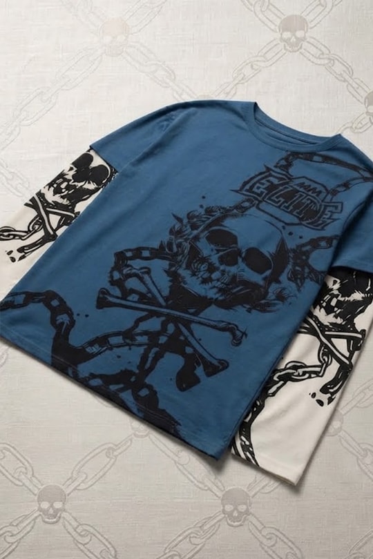 Mavi Gotik Skull Beyaz Kollu Y2K Unisex Sweatshirt
