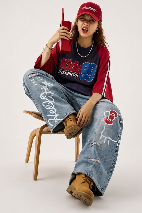 Mavi Hello Kitty Taşlamalı Gotik Y2K Unisex Baggy Pantolon