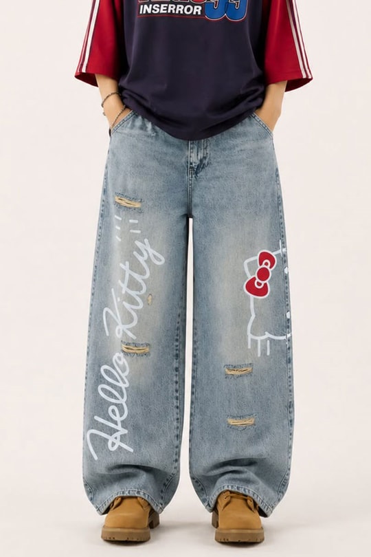 Mavi Hello Kitty Taşlamalı Gotik Y2K Unisex Baggy Pantolon
