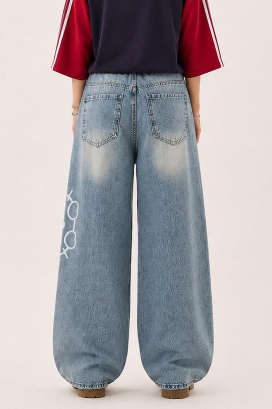 Mavi Hello Kitty Taşlamalı Gotik Y2K Unisex Baggy Pantolon