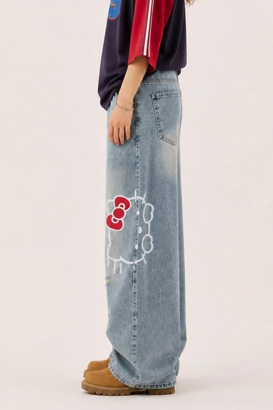Mavi Hello Kitty Taşlamalı Gotik Y2K Unisex Baggy Pantolon