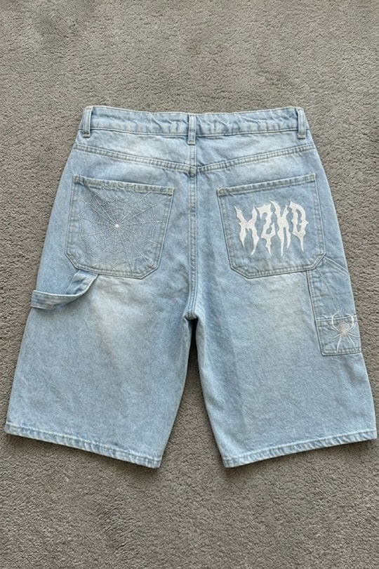 Mavi Taşlamalı MZKD Spider Y2K Baggy Unisex Şort