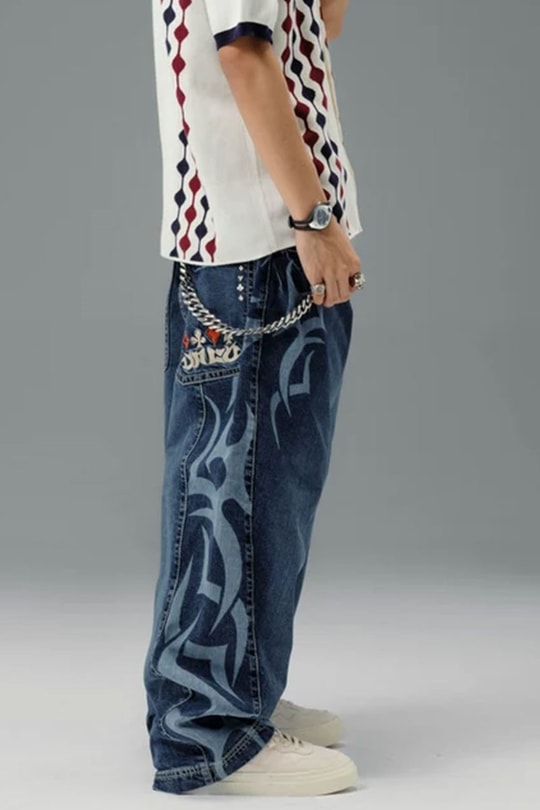 Lacivert Tribal Gotik High Roller Y2K Unisex Baggy Pantolon