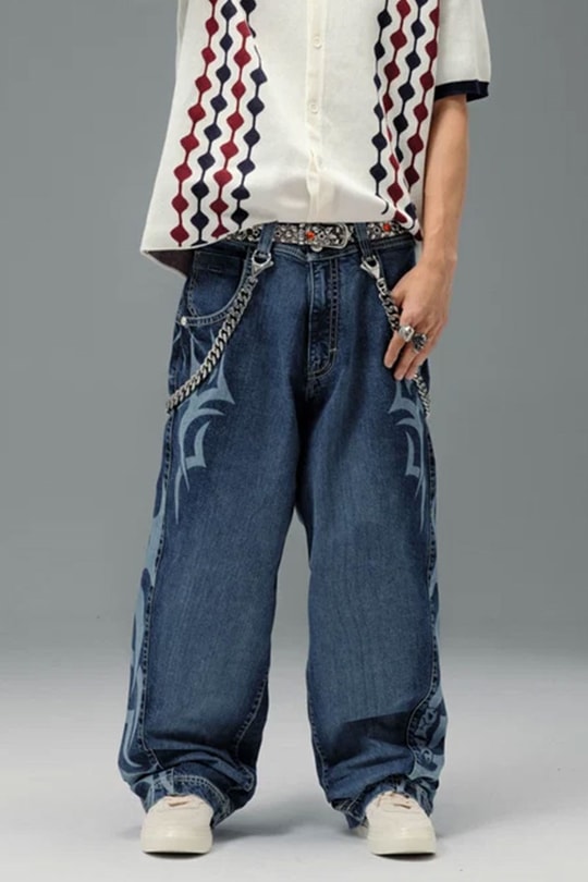 Lacivert Tribal Gotik High Roller Y2K Unisex Baggy Pantolon