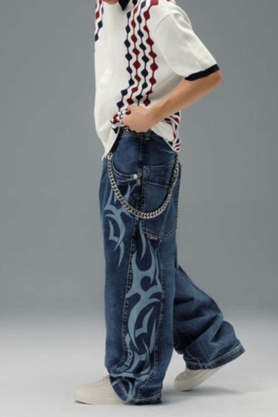 Lacivert Tribal Gotik High Roller Y2K Unisex Baggy Pantolon