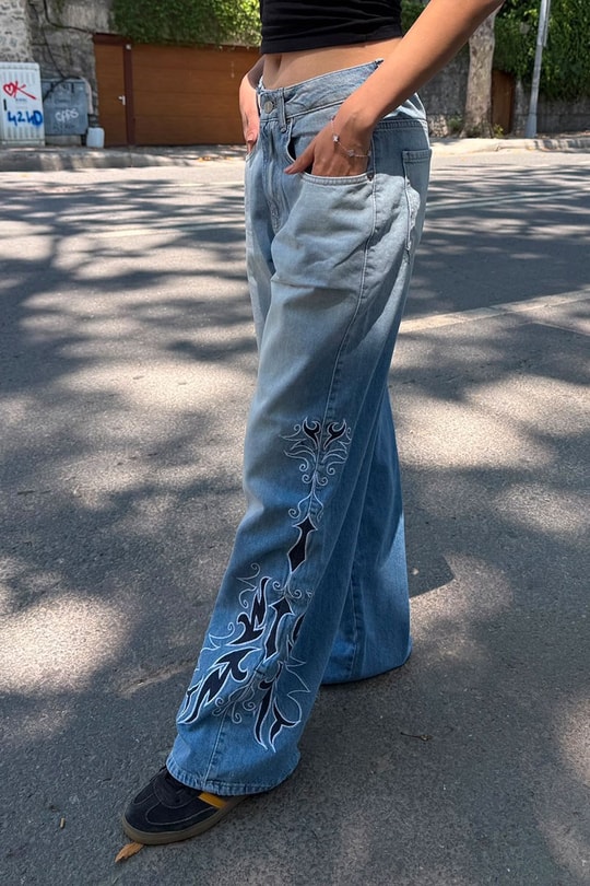 Mavi Tribal Taşlamalı Gotik Y2K Unisex Baggy Pantolon