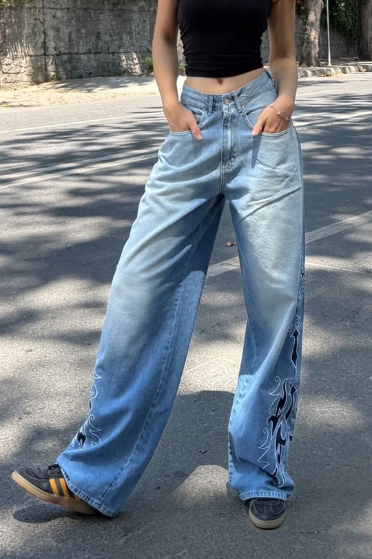 Mavi Tribal Taşlamalı Gotik Y2K Unisex Baggy Pantolon