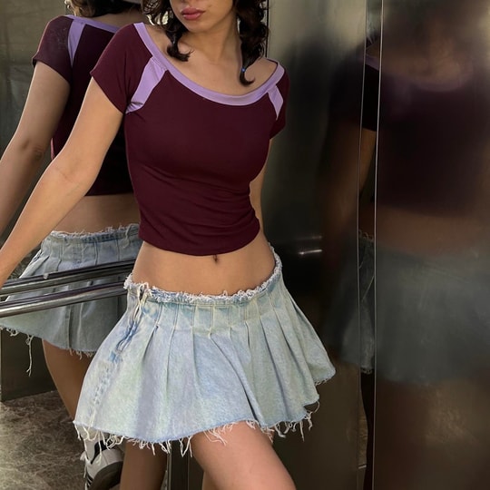 Mürdüm Kayık Yaka Basic Kısa Kollu Crop