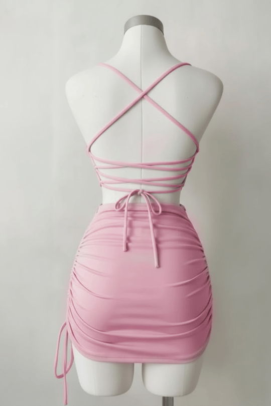 Pembe Büzgülü Sırt İpli & Dekolteli Askılı Gotik Y2K Saten Elbise