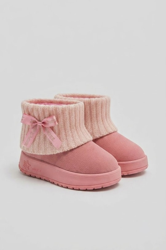 Pembe Kurdele Detaylı Peluş Görünümlü Kız Çocuk Kar Botu