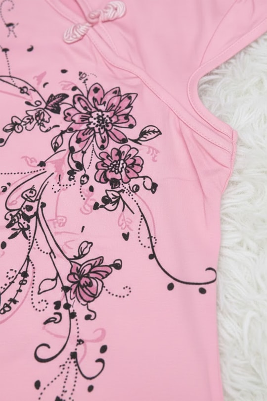 Pembe Mandarin Yaka Çiçekli Qipao Vintage Y2K Kısa Kollu Crop