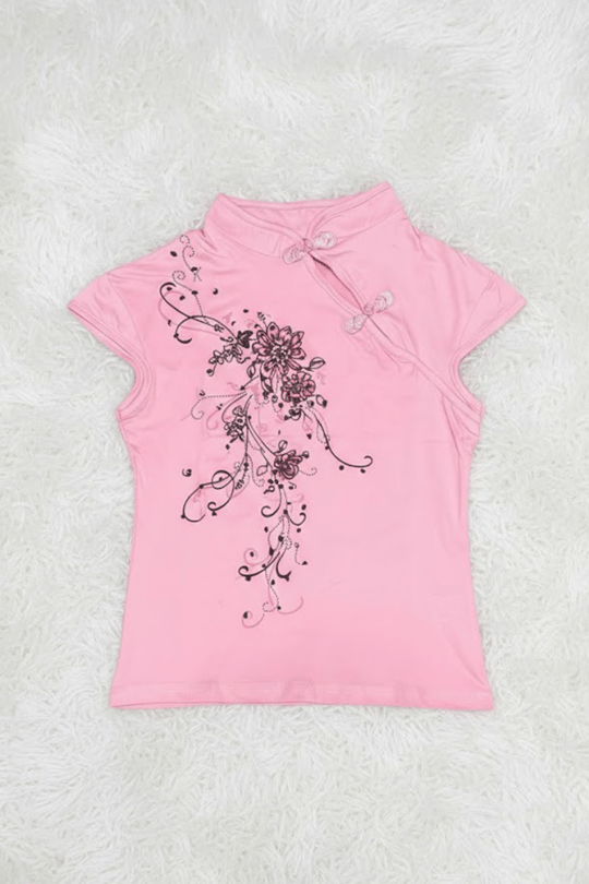 Pembe Mandarin Yaka Çiçekli Qipao Vintage Y2K Kısa Kollu Crop