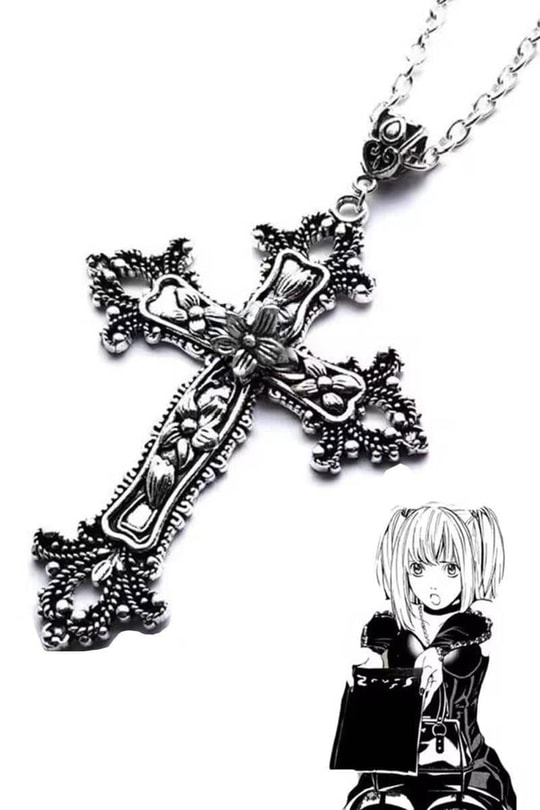 Silver Anime Misa Çiçek Motifli Haç Kolye
