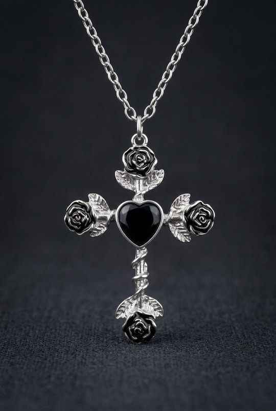 Silver Gotik Heart Black Stone Rose Kolye