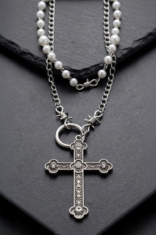 Silver İnci Şeritli Cross Diken Detaylı  Gotik Kolye
