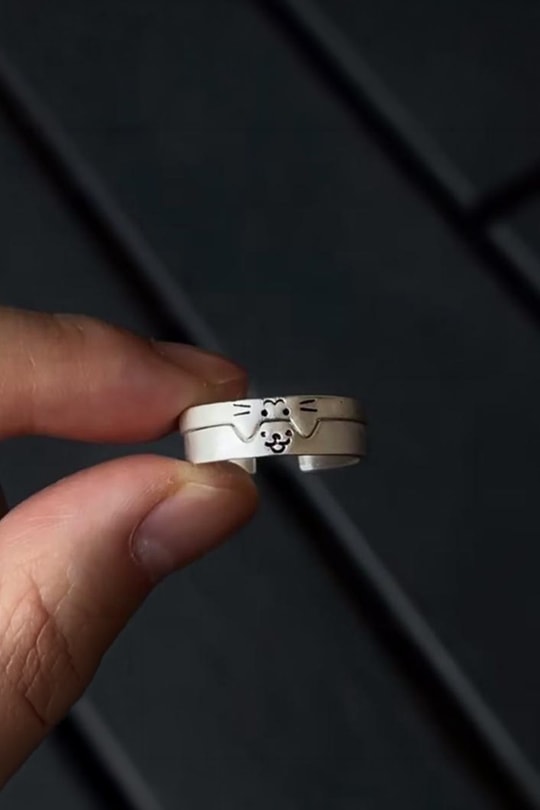 Silver Kawai Cat Couple Çift Yüzük 